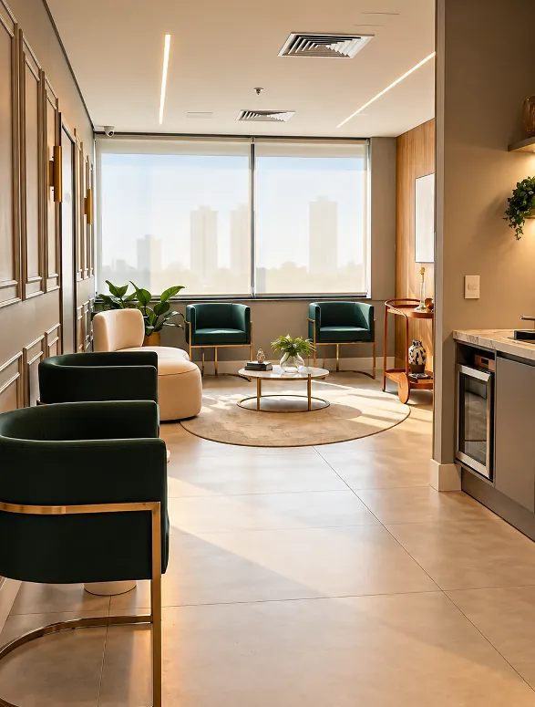 Sala de espera com poltronas e vista da cidade