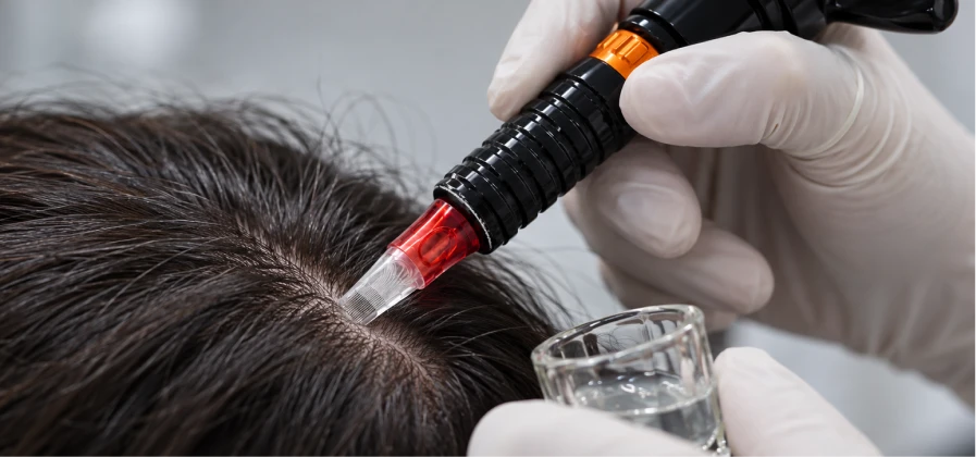 Aplicação de MMP (microinfusão de medicamentos pela pele) no couro cabeludo